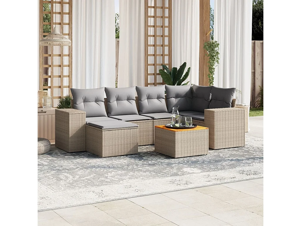 Salon de jardin avec coussins 7 pcs beige résine tressée