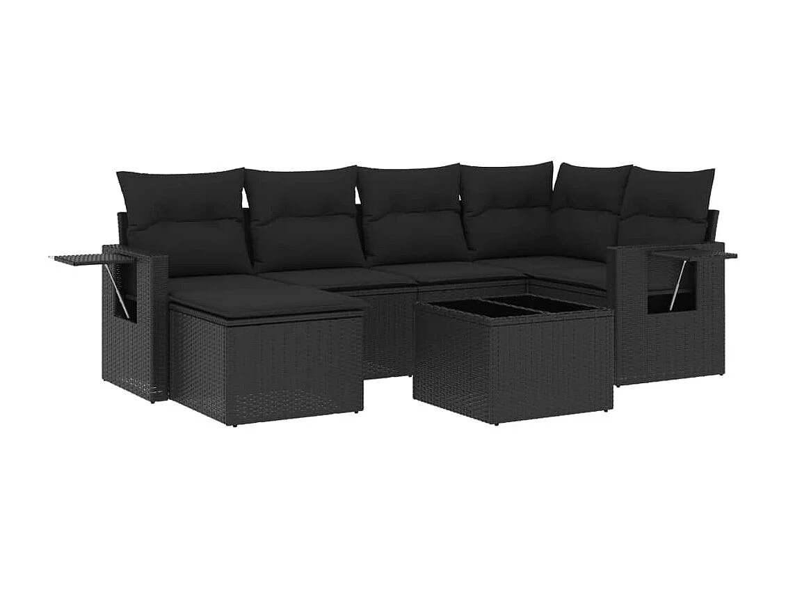 Salon de jardin 7 pcs avec coussins noir résine tressée