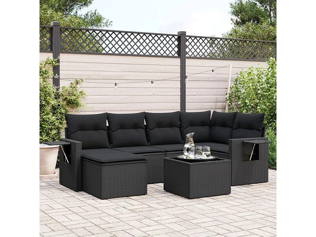 Salon de jardin 7 pcs avec coussins noir résine tressée