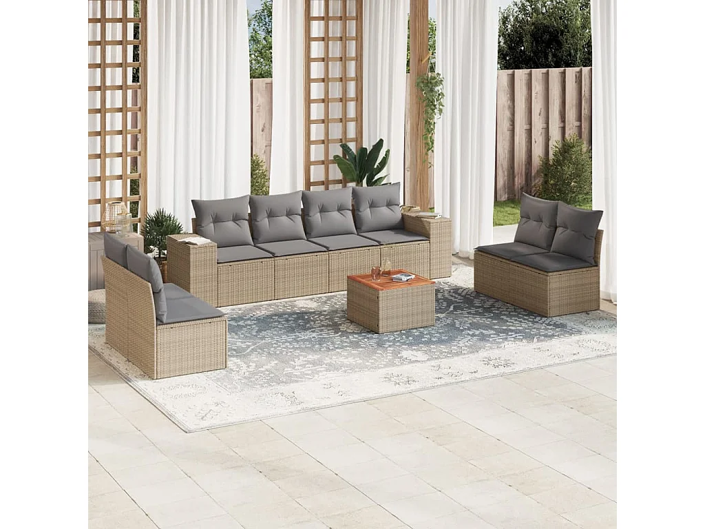 Salon de jardin avec coussins 9 pcs beige résine tressée