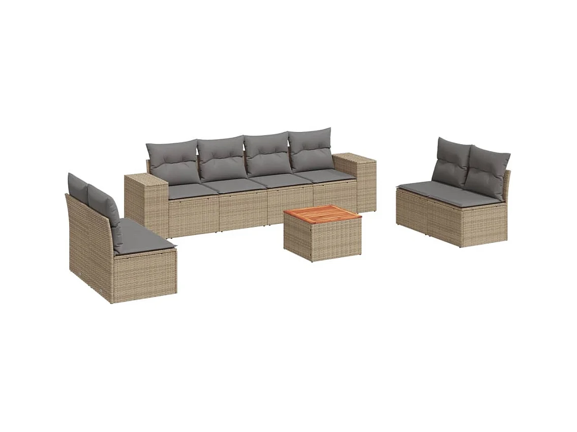 Salon de jardin avec coussins 9 pcs beige résine tressée