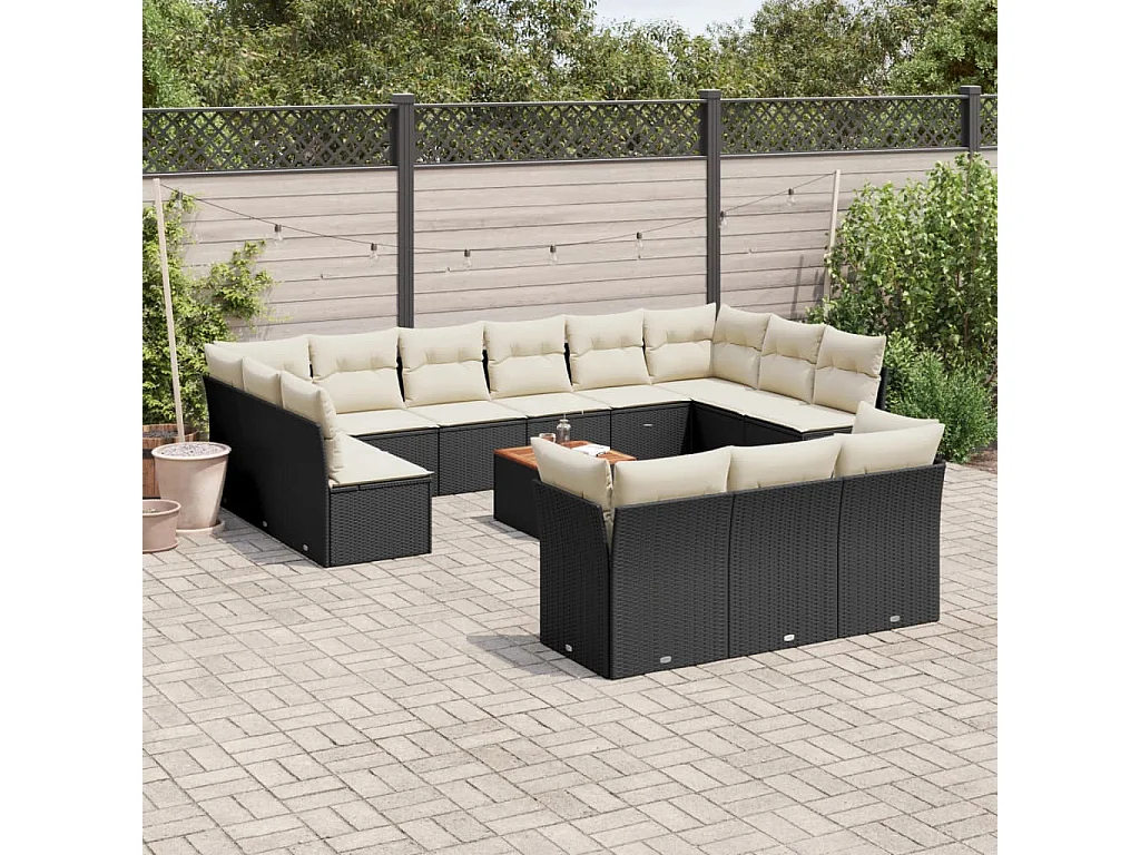 Salon de jardin avec coussins 14 pcs noir résine tressée