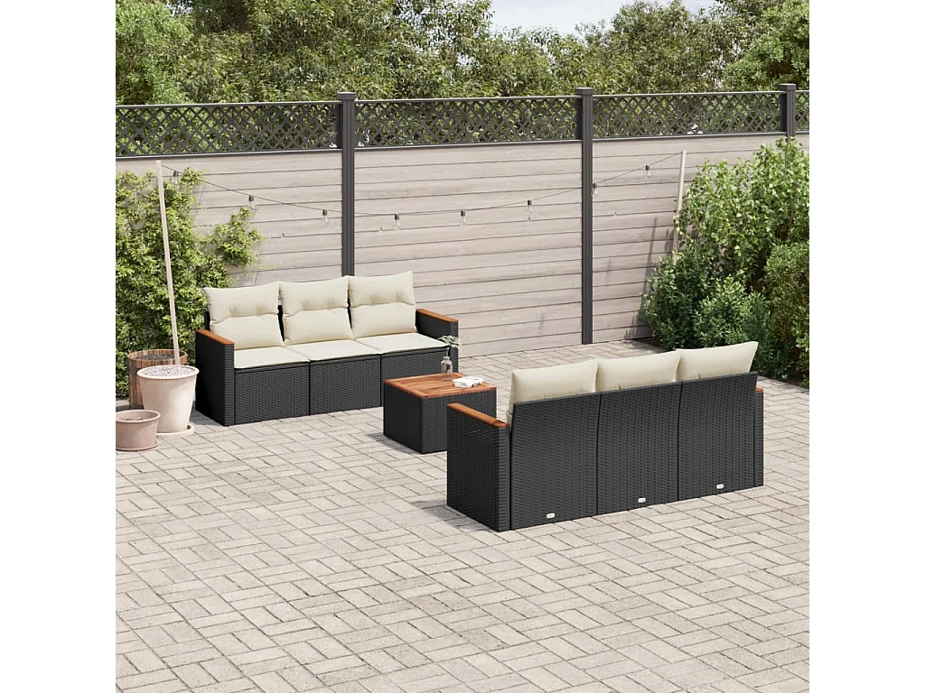 Salon de jardin 7 pcs avec coussins noir résine tressée