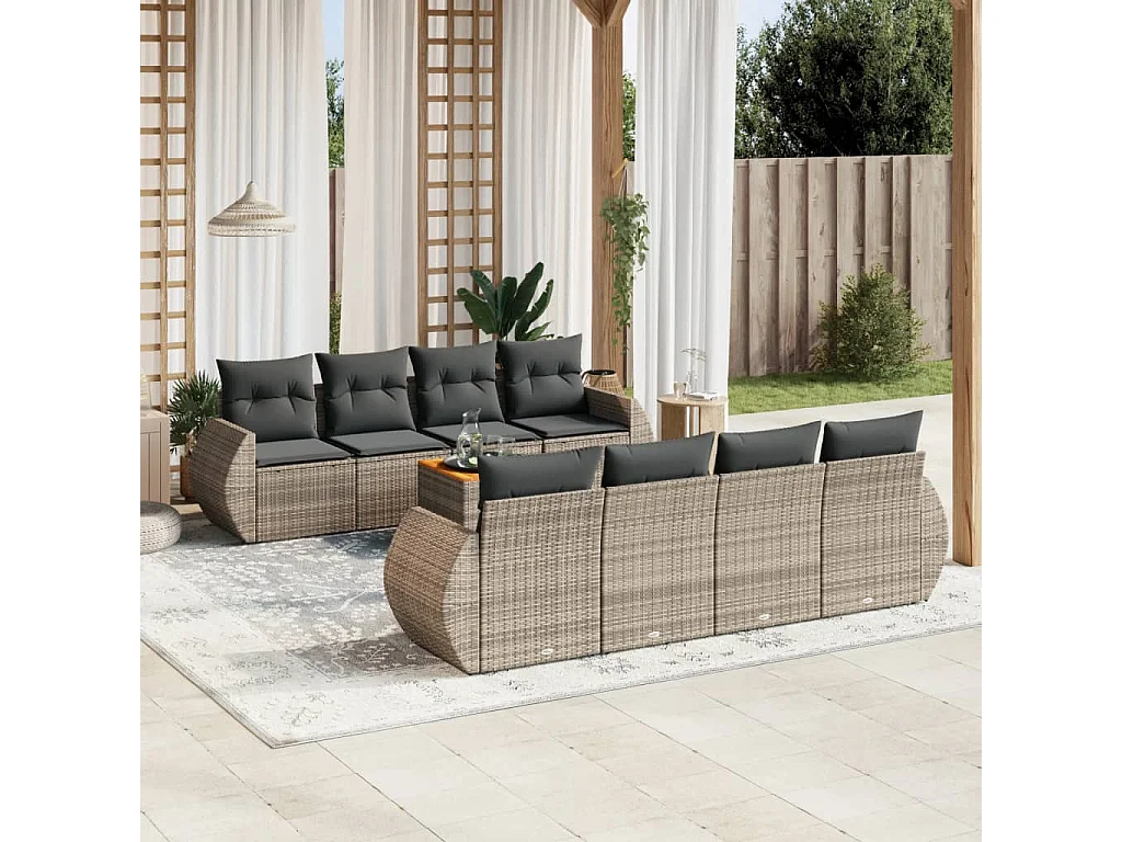 Salon de jardin 9 pcs avec coussins gris résine tressée