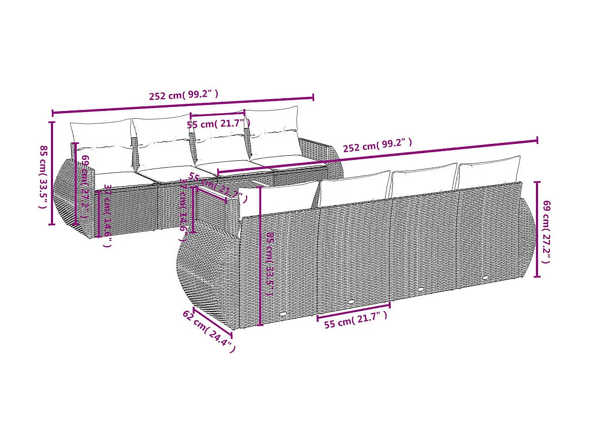 Salon de jardin 9 pcs avec coussins gris résine tressée