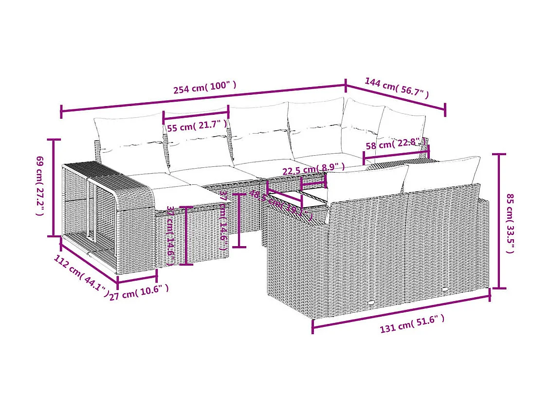 Salon de jardin 11 pcs avec coussins gris résine tressée
