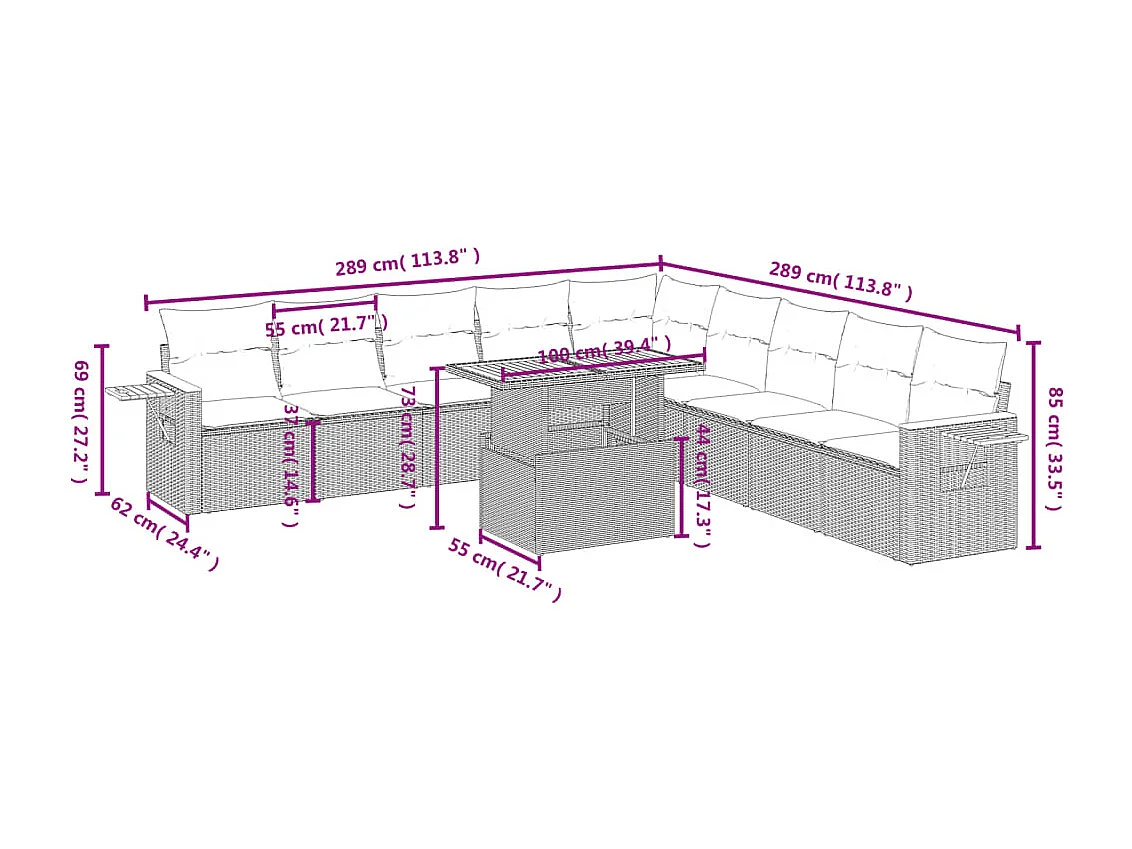 Salon de jardin 11 pcs avec coussins noir résine tressée