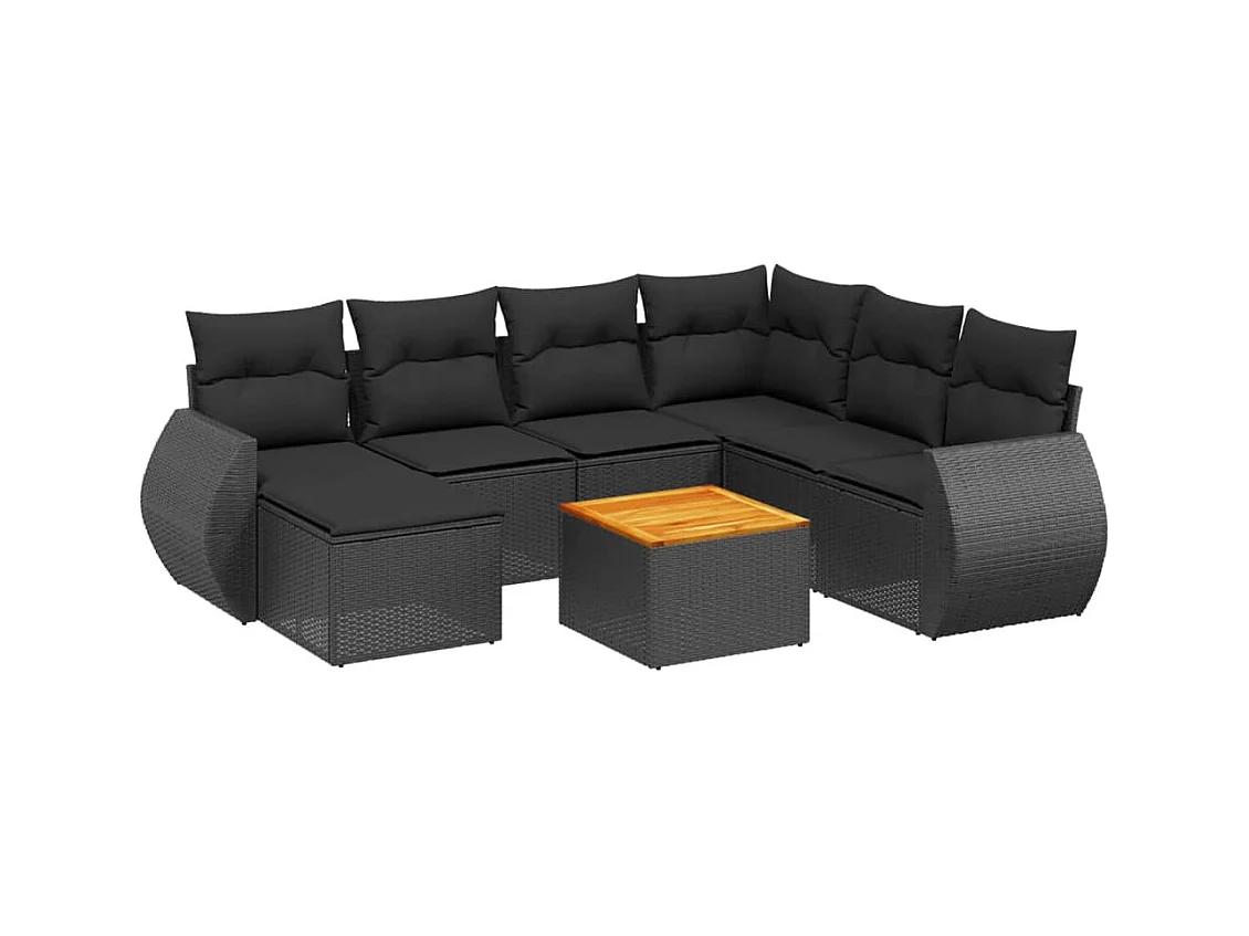 Salon de jardin 8 pcs avec coussins noir résine tressée