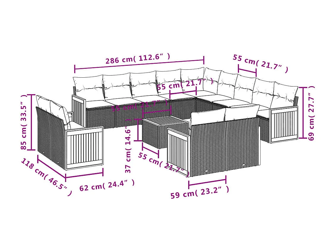 Salon de jardin avec coussins 14 pcs beige résine tressée
