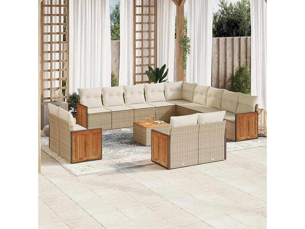 Salon de jardin avec coussins 14 pcs beige résine tressée