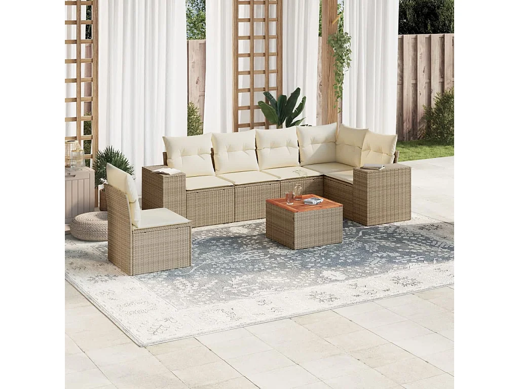 Salon de jardin avec coussins 7 pcs beige résine tressée