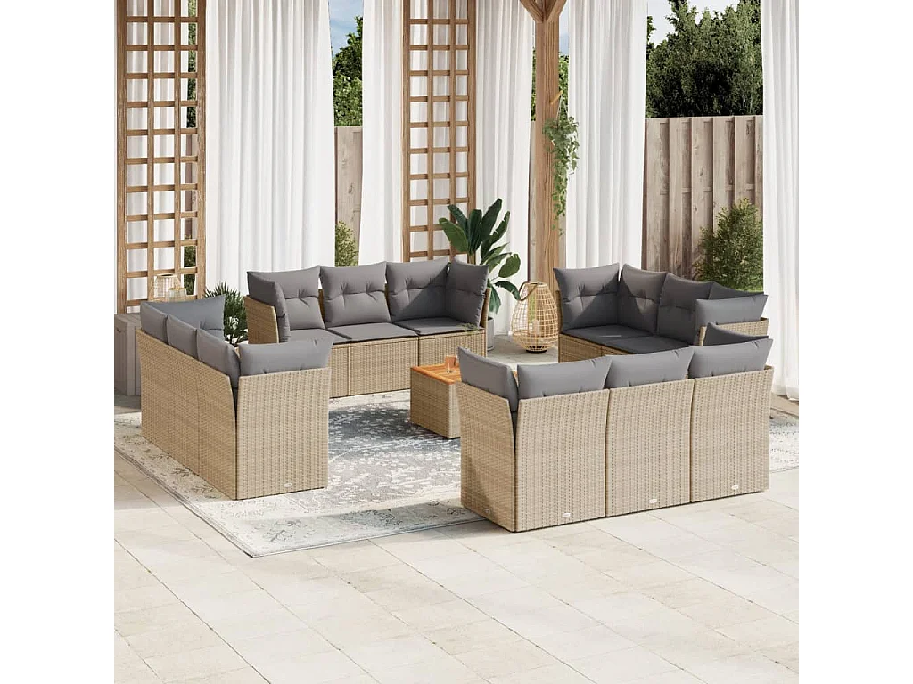 Salon de jardin avec coussins 13 pcs beige résine tressée