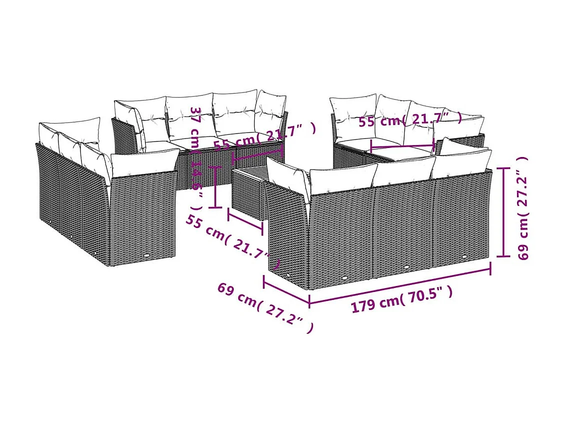 Salon de jardin avec coussins 13 pcs beige résine tressée