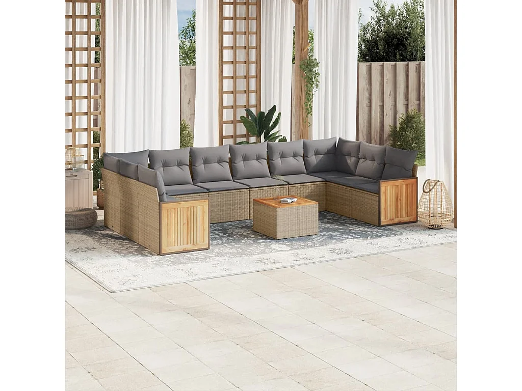 Salon de jardin 11 pcs avec coussins beige résine tressée