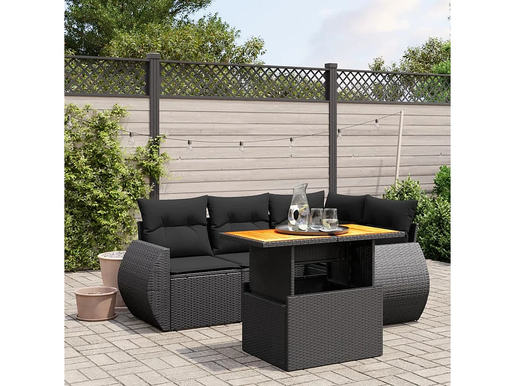 Salon de jardin 5 pcs avec coussins noir résine tressée
