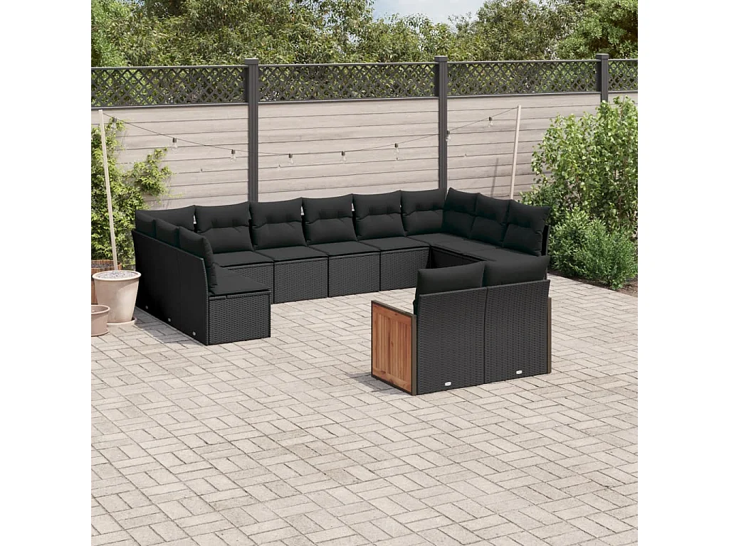 Salon de jardin 12 pcs avec coussins noir résine tressée