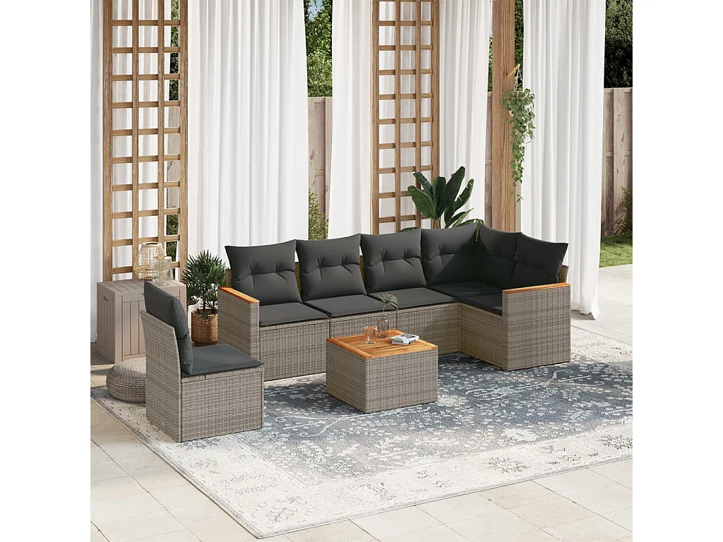 Salon de jardin avec coussins 7 pcs gris résine tressée