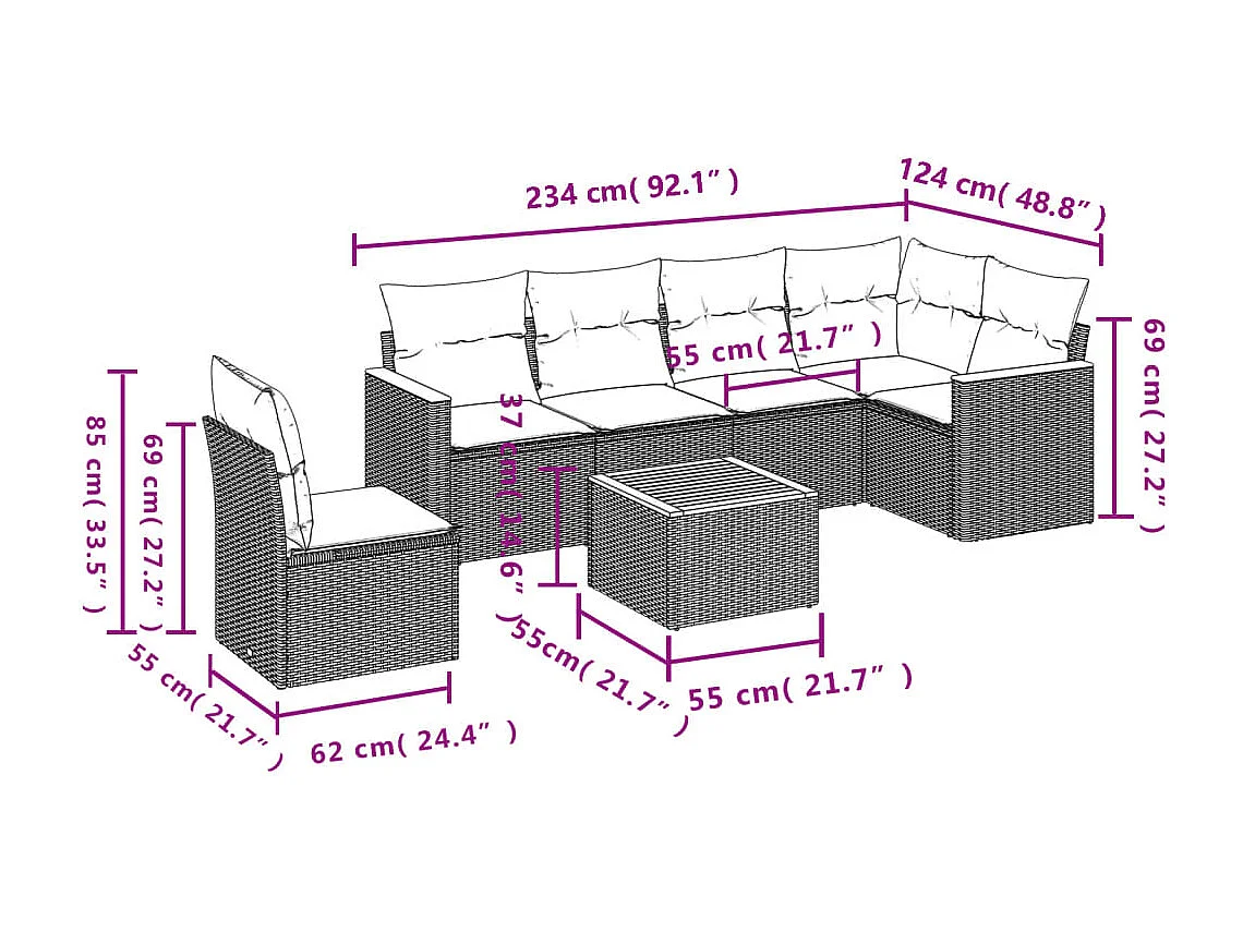 Salon de jardin avec coussins 7 pcs gris résine tressée