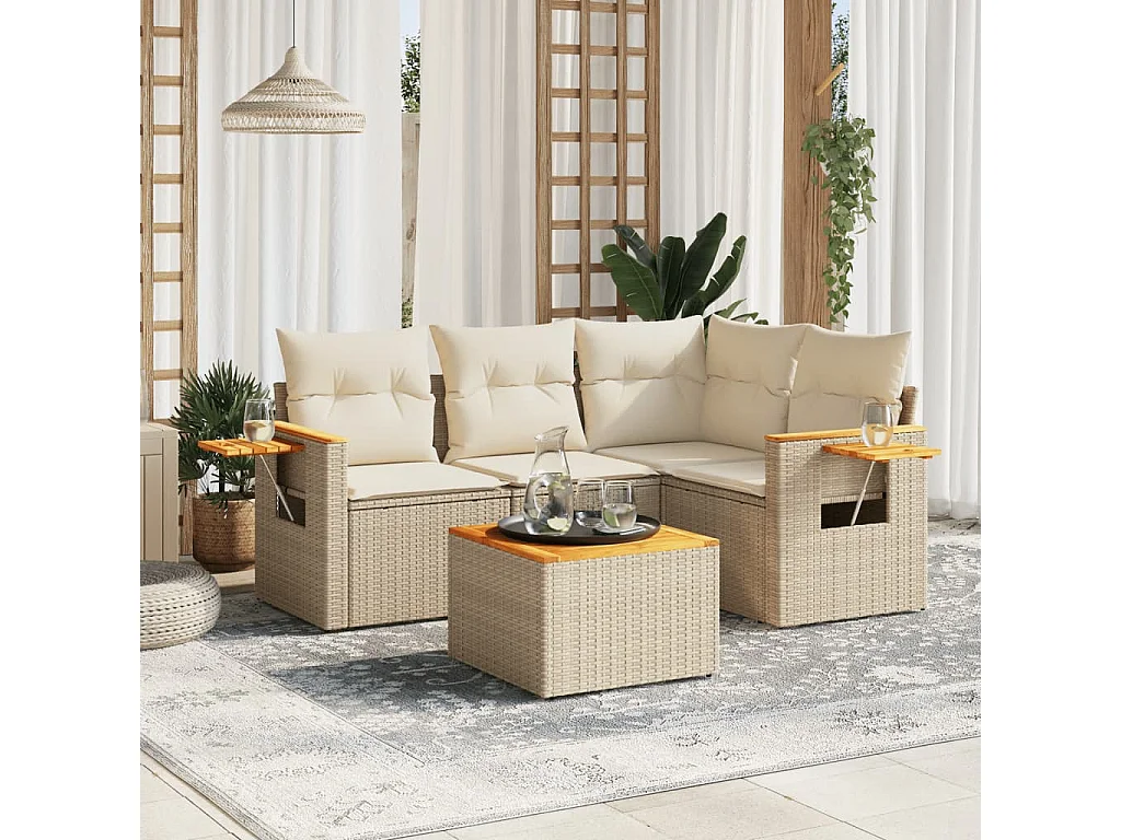 Salon de jardin avec coussins 5 pcs beige résine tressée