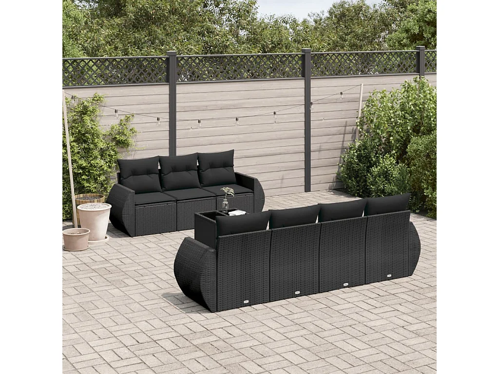 Salon de jardin 8 pcs avec coussins noir résine tressée