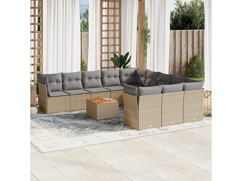 Salon de jardin avec coussins 12 pcs beige résine tressée