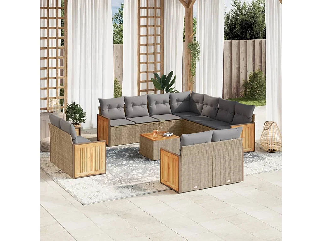 Salon de jardin avec coussins 12 pcs beige résine tressée
