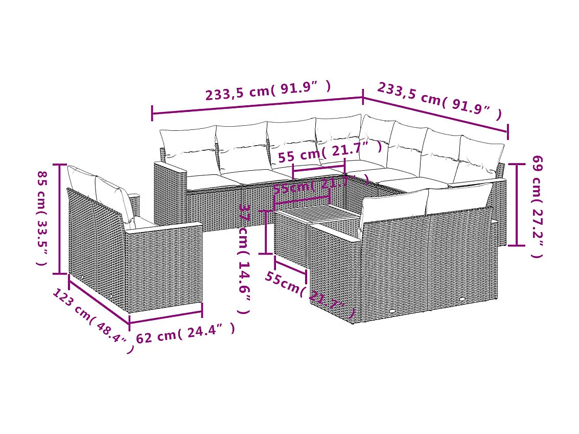 Salon de jardin avec coussins 12 pcs beige résine tressée