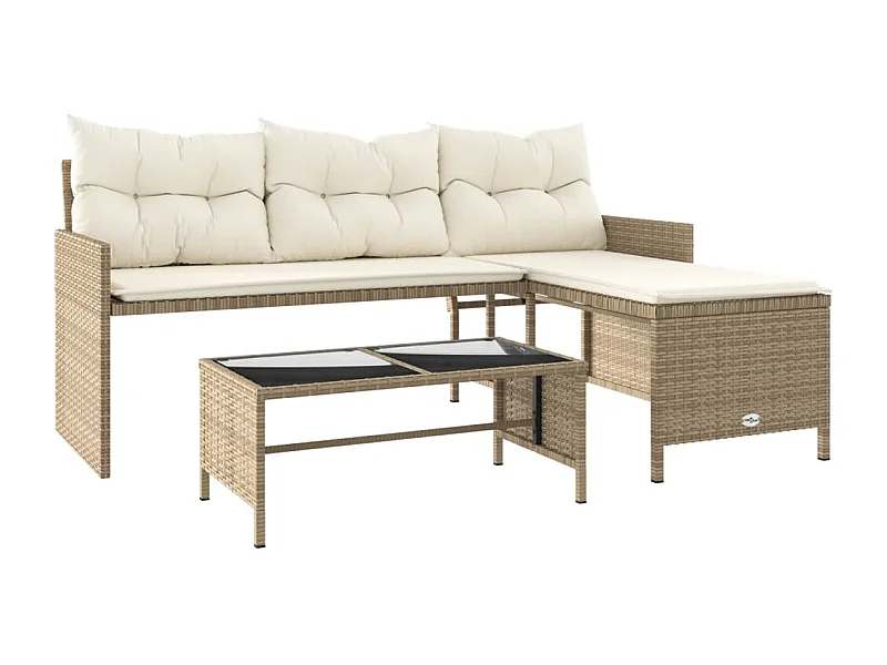 Canapé de jardin avec table et coussins en forme de L beige