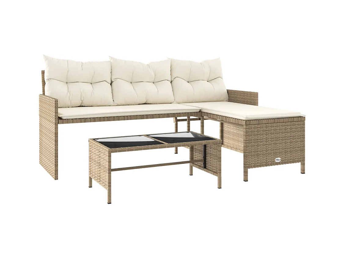 Canapé de jardin avec table et coussins en forme de L beige