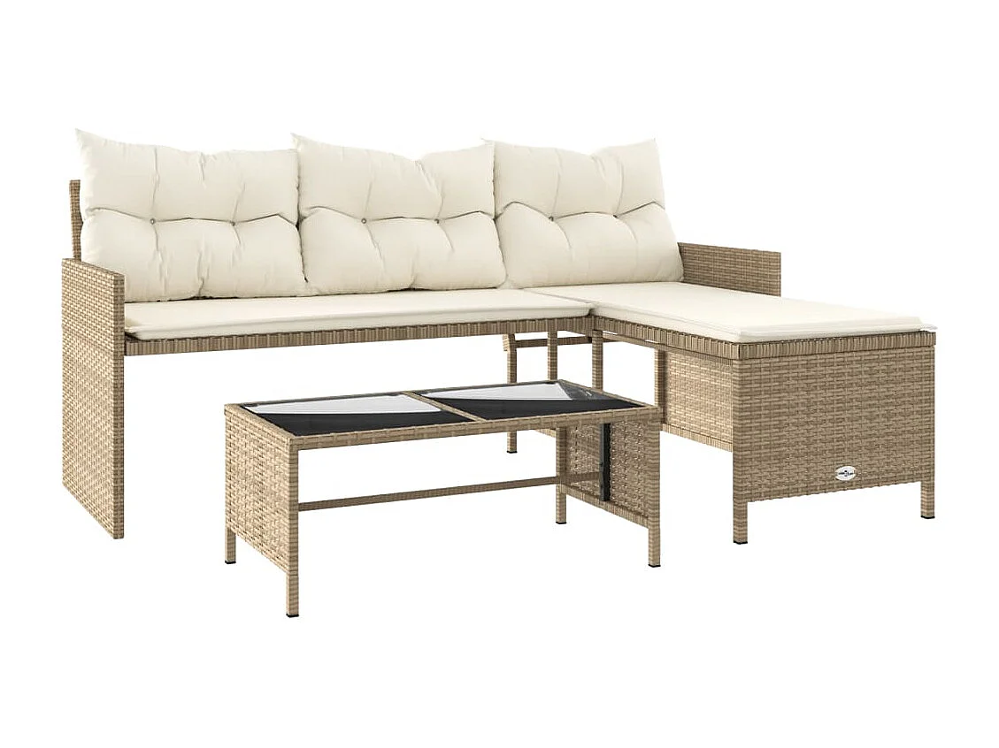 Canapé de jardin avec table et coussins en forme de L beige