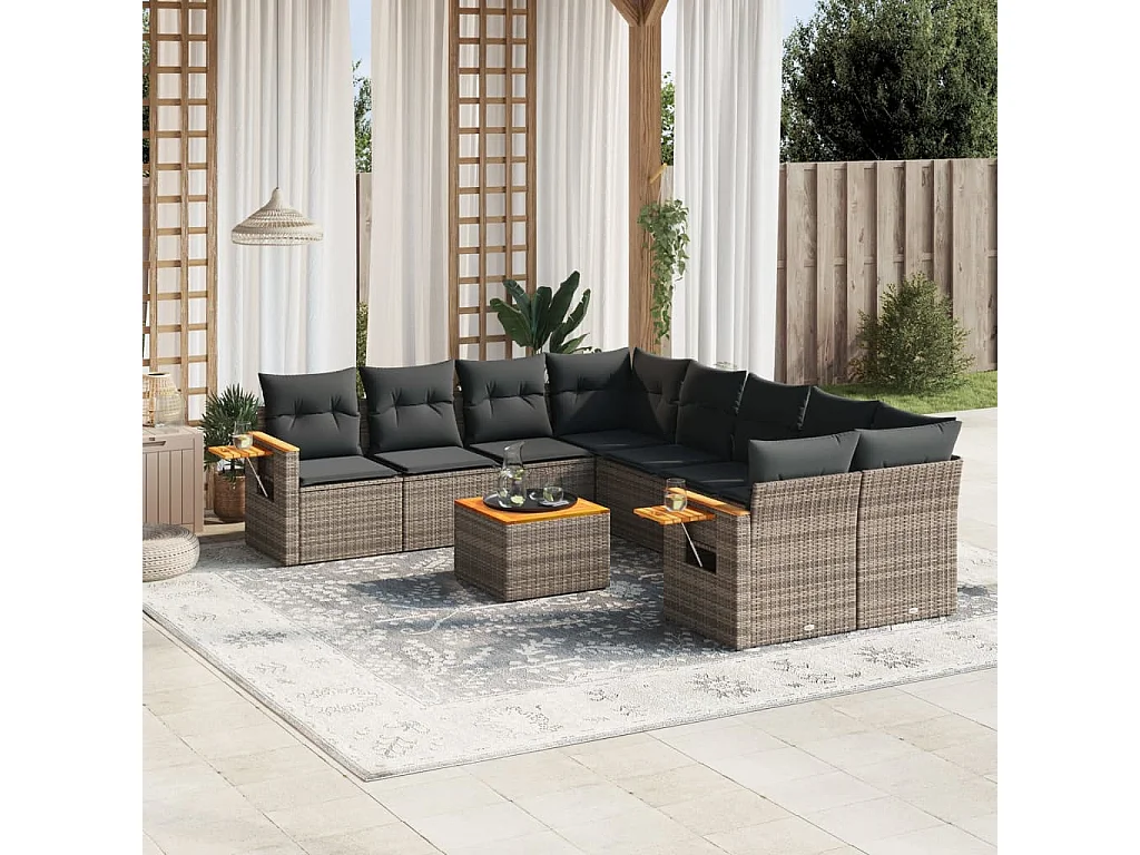 Salon de jardin 9 pcs avec coussins gris résine tressée