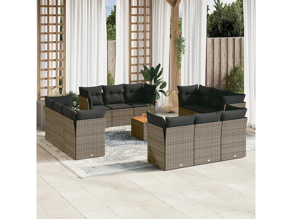 Salon de jardin avec coussins 13 pcs gris résine tressée