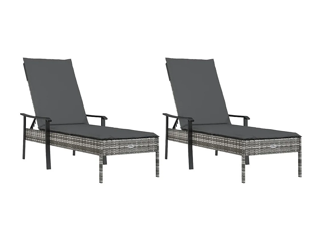 Chaises longues 2pcs avec table et coussins gris résine tressée