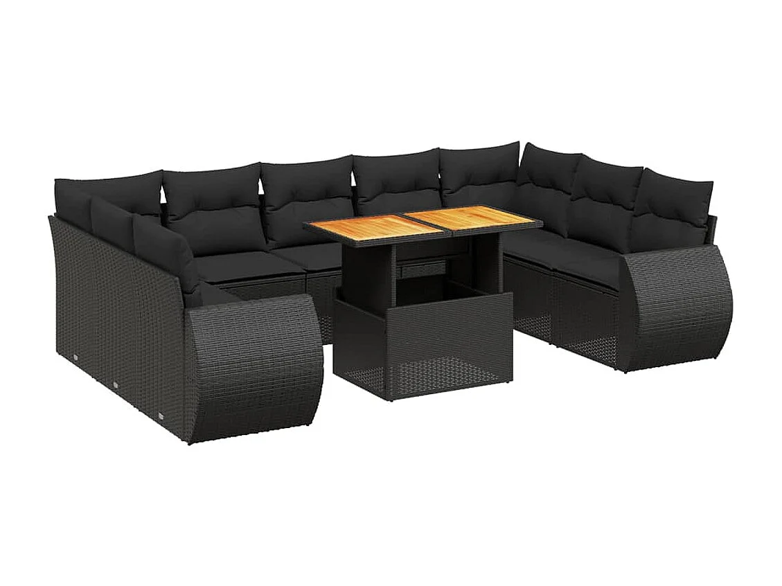 Salon de jardin 10 pcs avec coussins noir résine tressée