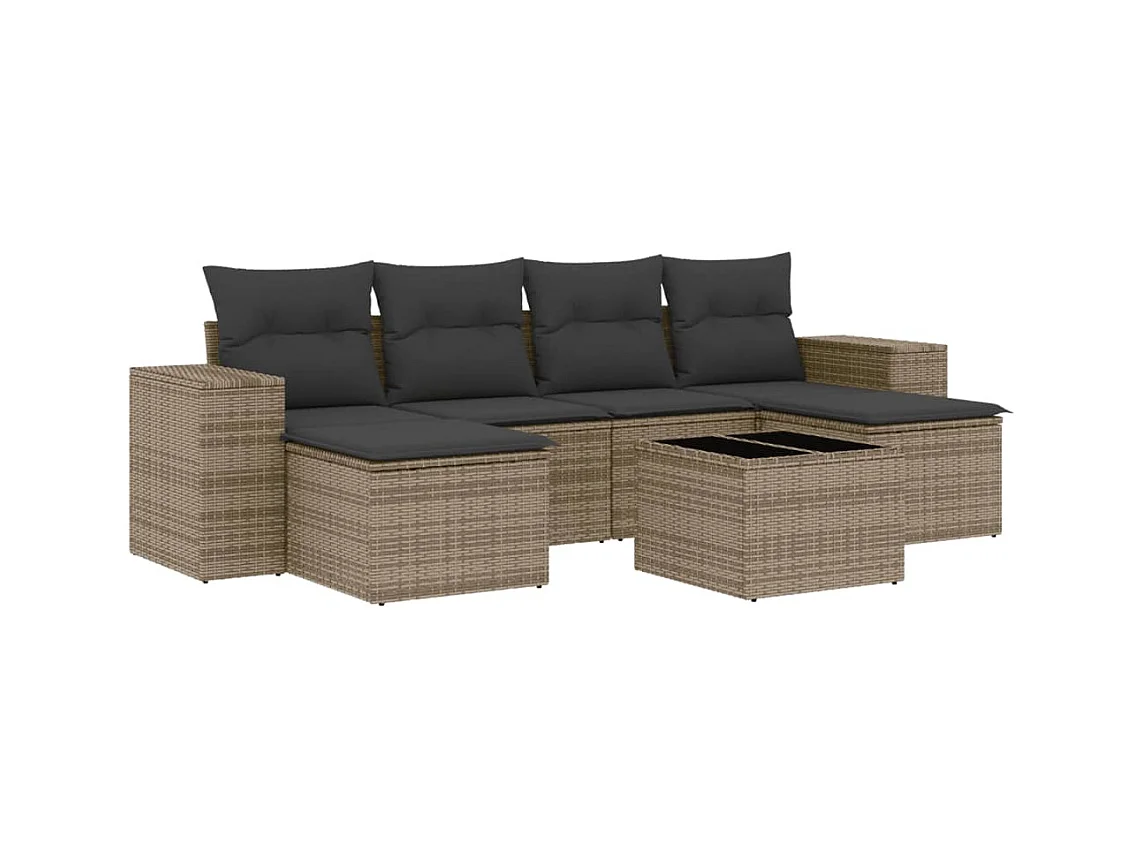 Salon de jardin avec coussins 7 pcs gris résine tressée