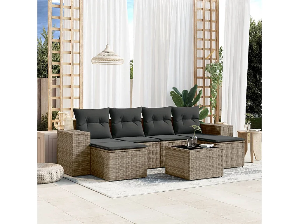 Salon de jardin avec coussins 7 pcs gris résine tressée