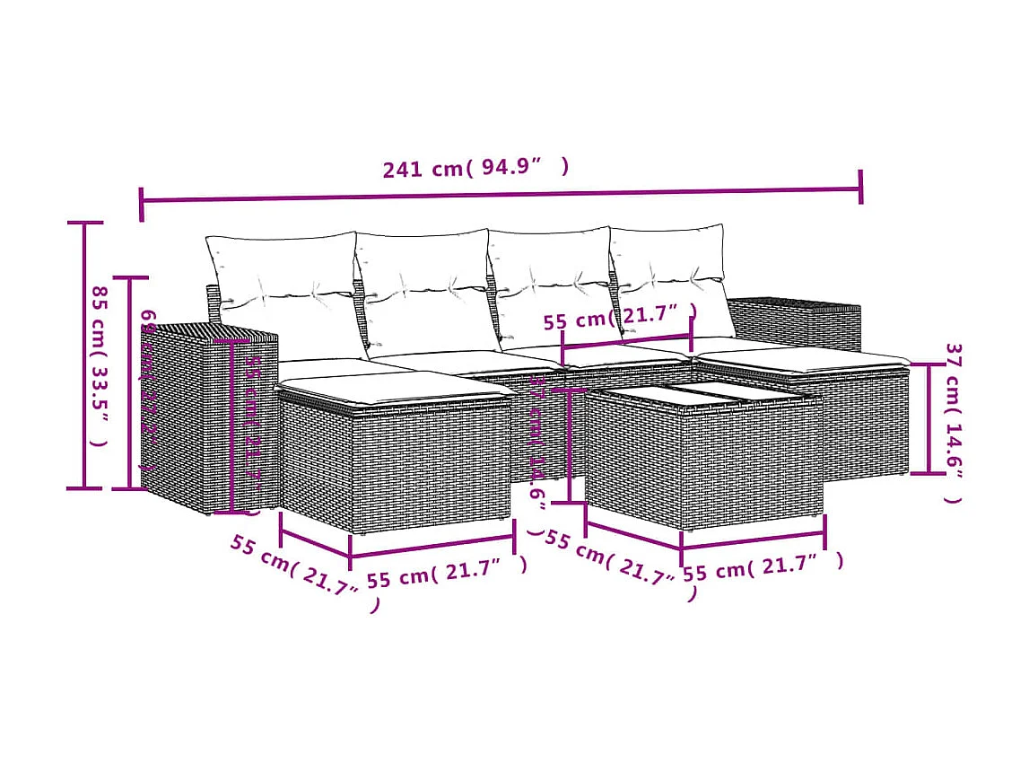 Salon de jardin avec coussins 7 pcs gris résine tressée