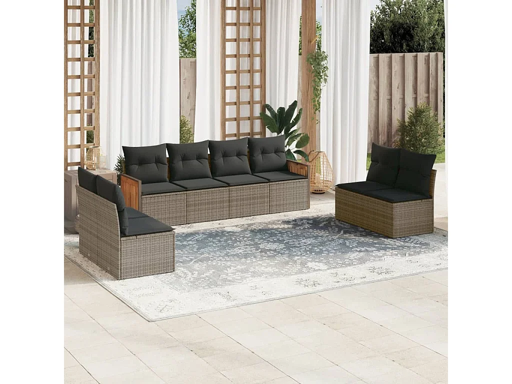 Salon de jardin 8 pcs avec coussins gris résine tressée