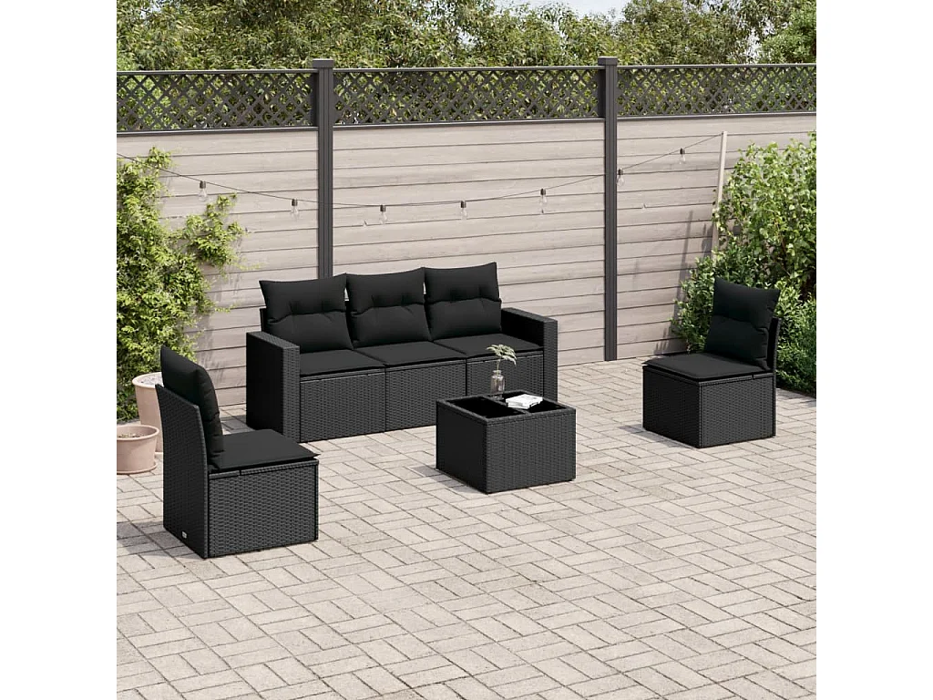 Salon de jardin 6 pcs avec coussins noir résine tressée