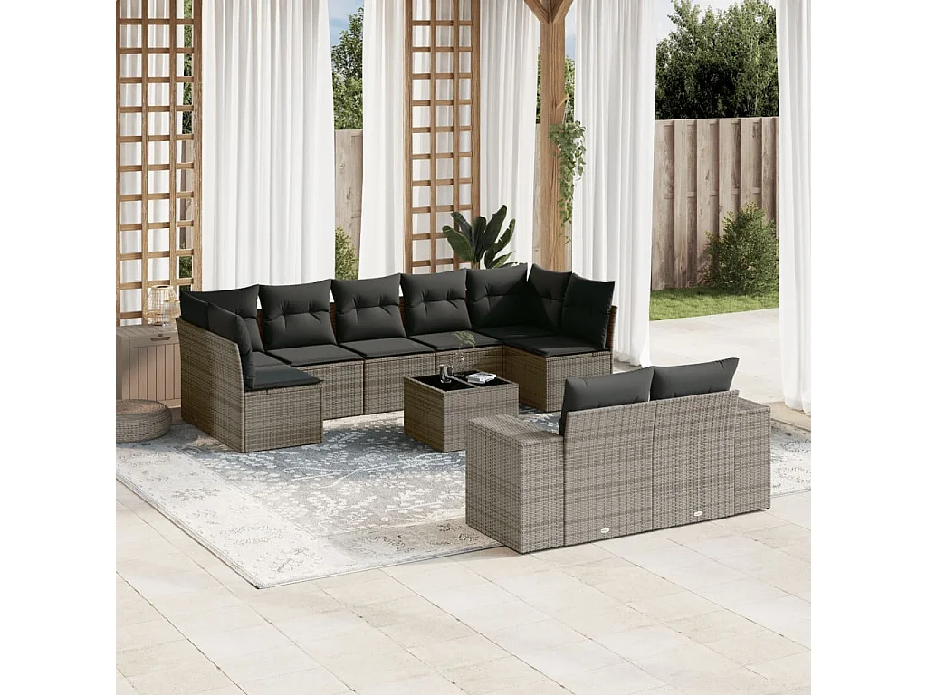 Salon de jardin avec coussins 10 pcs gris résine tressée