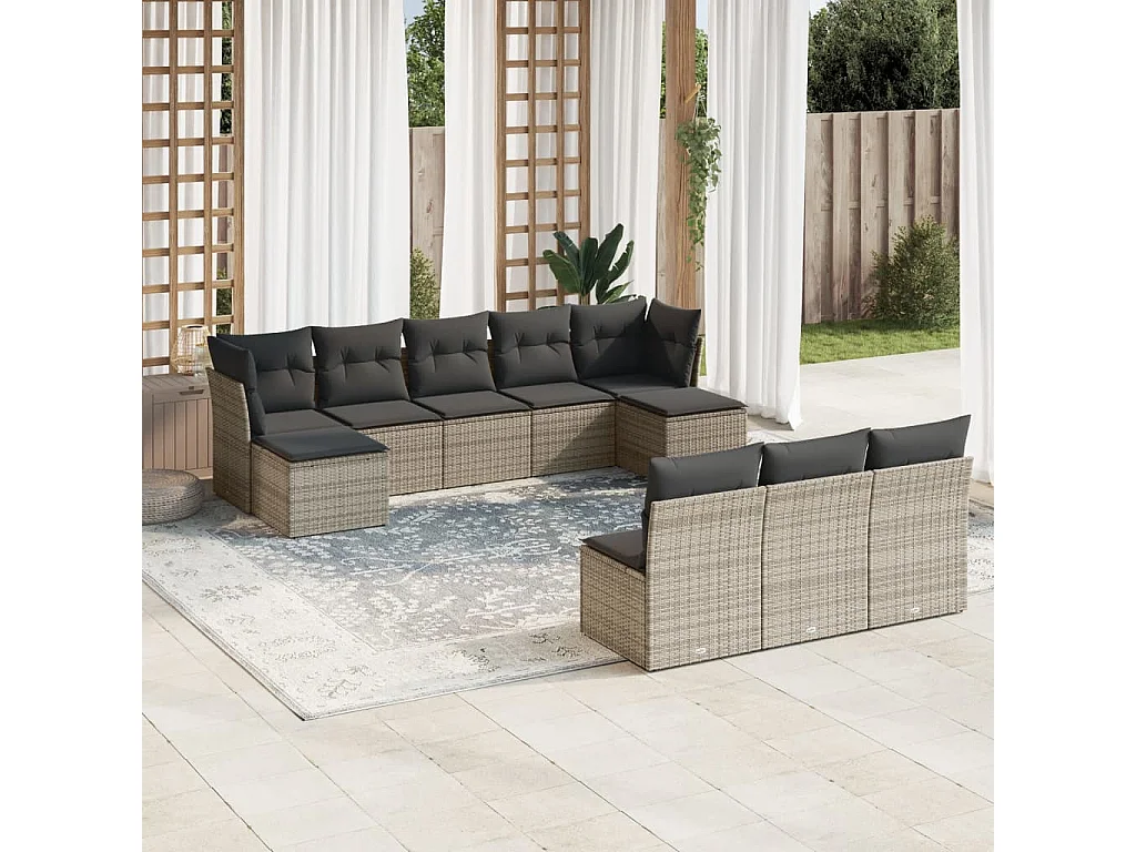 Salon de jardin avec coussins 10 pcs gris résine tressée