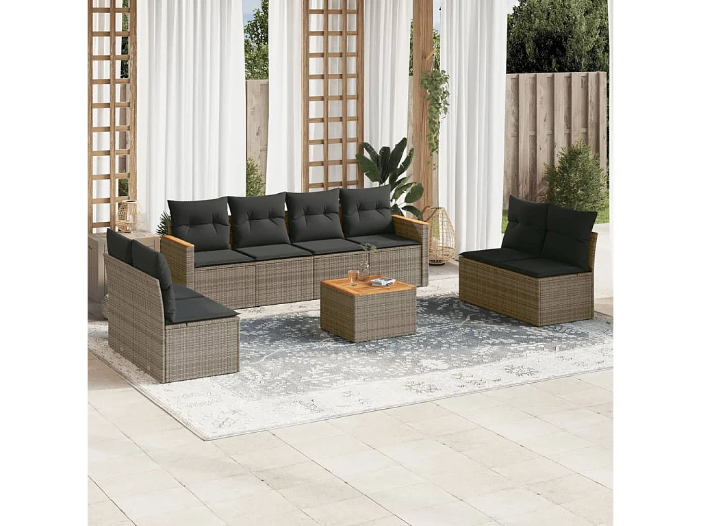 Salon de jardin 9 pcs avec coussins gris résine tressée