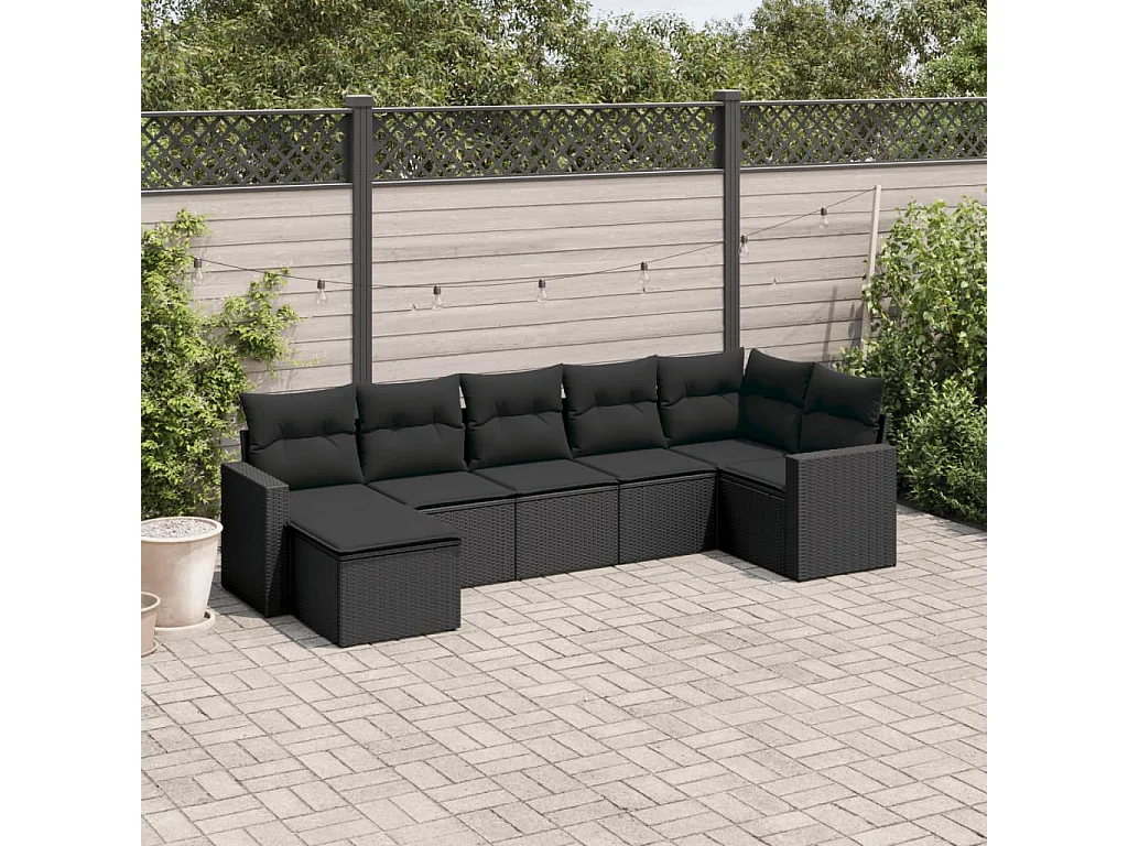 Salon de jardin 7 pcs avec coussins noir résine tressée