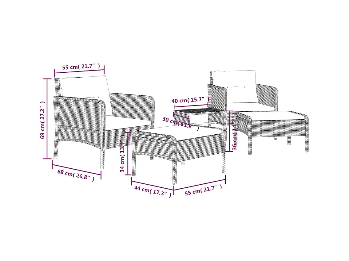 5-delige Loungeset met kussens poly rattan zwart