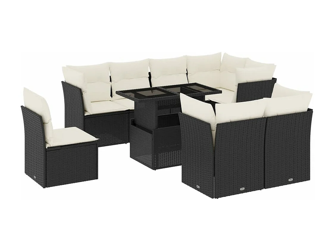 Salon de jardin 9 pcs avec coussins noir résine tressée