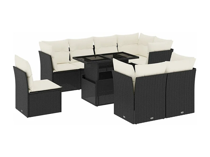 Salon de jardin 9 pcs avec coussins noir résine tressée
