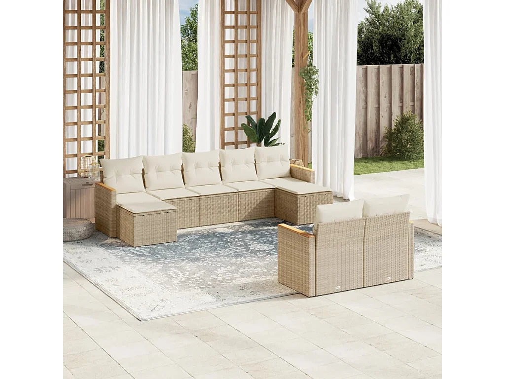 Salon de jardin avec coussins 9 pcs beige résine tressée