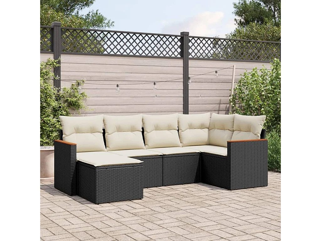 Salon de jardin 6 pcs avec coussins noir résine tressée
