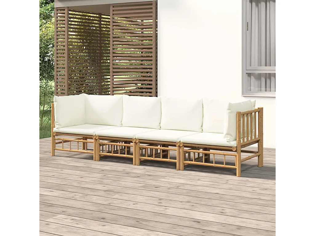 Salon de jardin 4 pcs avec coussins blanc crème bambou