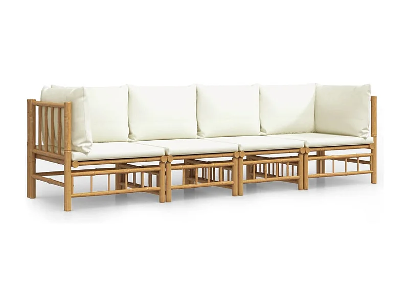 Salon de jardin 4 pcs avec coussins blanc crème bambou
